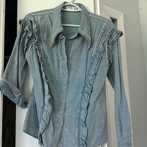 Lovely crystal and pearl denim blouse